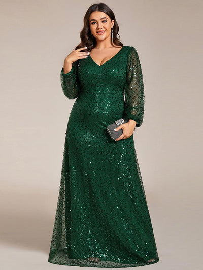 pretty RAYVEN|Robe de soirée grande taille trapèze à paillettes col V manches longues et paillettes