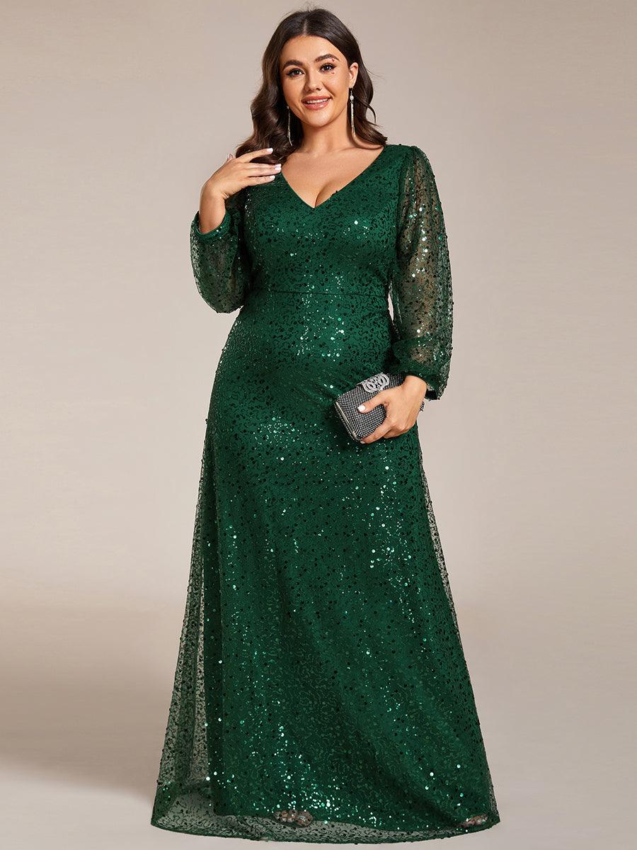 Grande taille Robe de soirée trapèze à paillettes col en V manches longues et paillettes#Couleur_Vert Fonce
