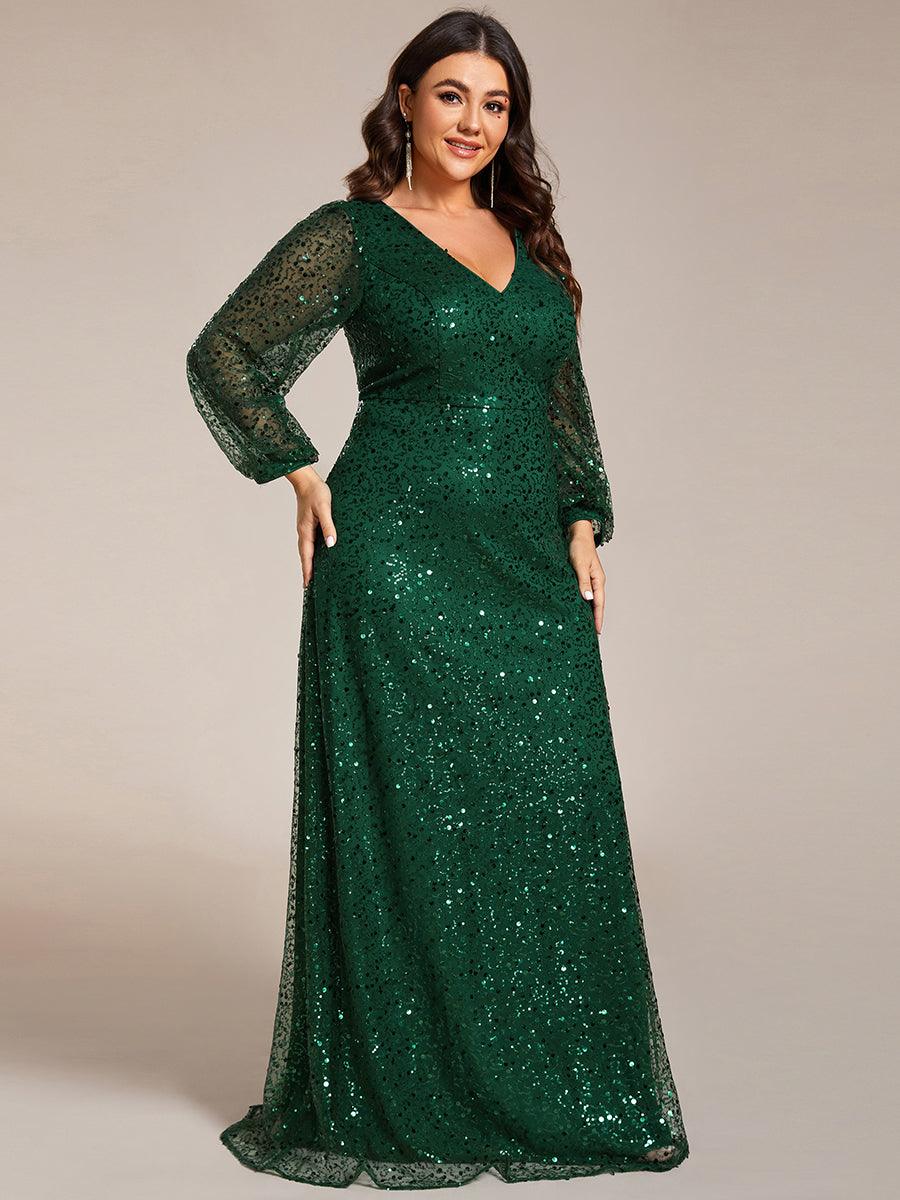 Grande taille Robe de soirée trapèze à paillettes col en V manches longues et paillettes#Couleur_Vert Fonce