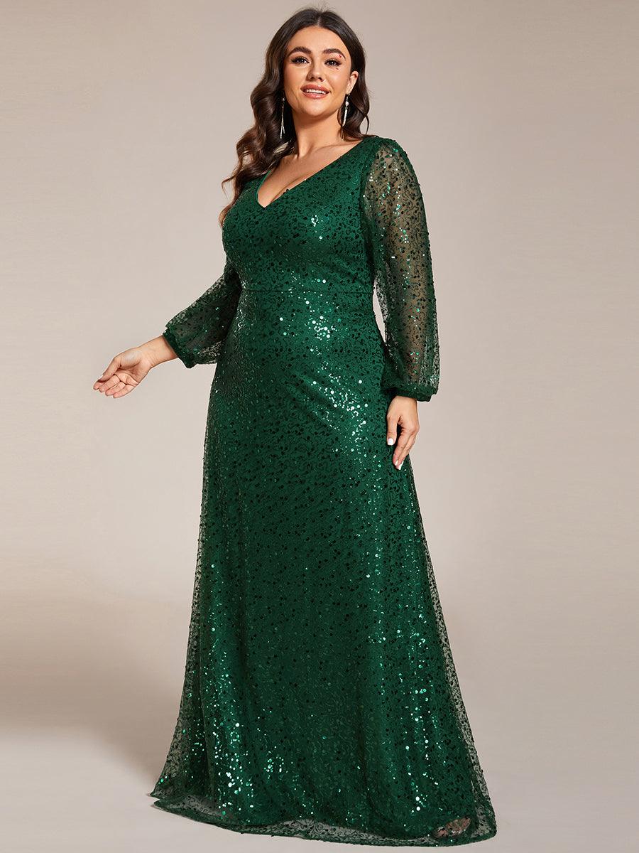 Grande taille Robe de soirée trapèze à paillettes col en V manches longues et paillettes#Couleur_Vert Fonce