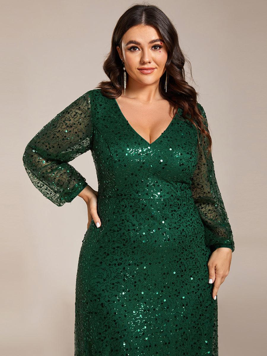 Grande taille Robe de soirée trapèze à paillettes col en V manches longues et paillettes#Couleur_Vert Fonce