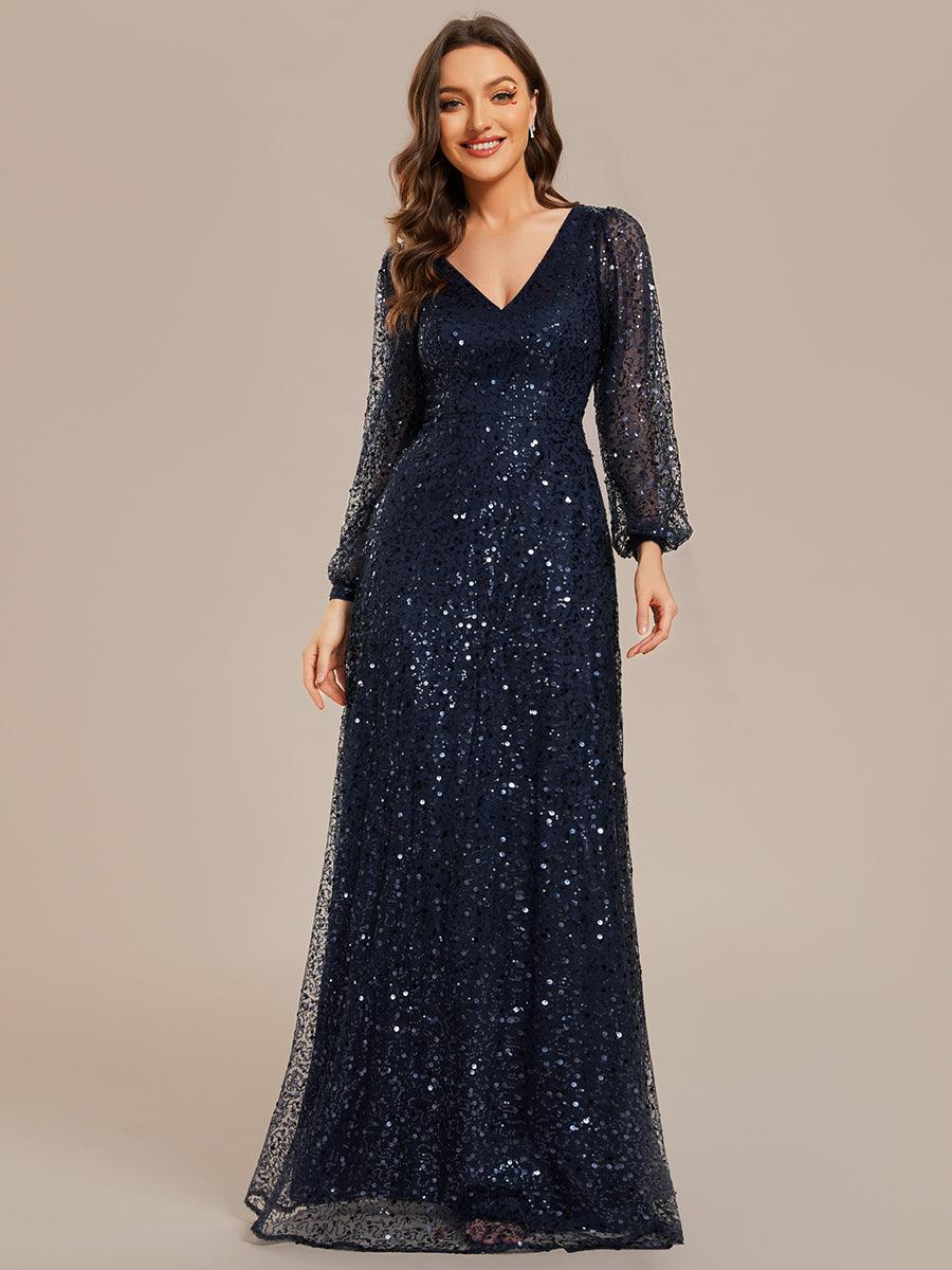 Robe de soirée trapèze à paillettes col en V manches longues et paillettes #Couleur_Bleu Marine