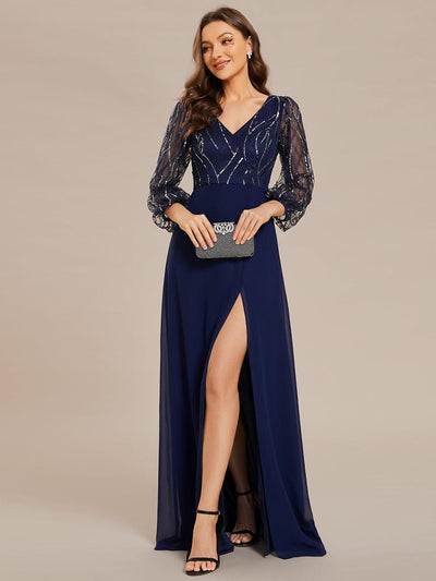 Robe de soirée trapèze en mousseline de soie transparente à paillettes manches longues fente haute(Vente finale)