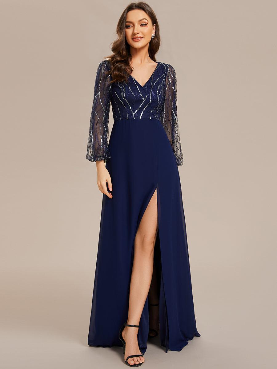 Robe de soirée trapèze en mousseline de soie transparente à paillettes manches longues fente haute #Couleur_Bleu Marine