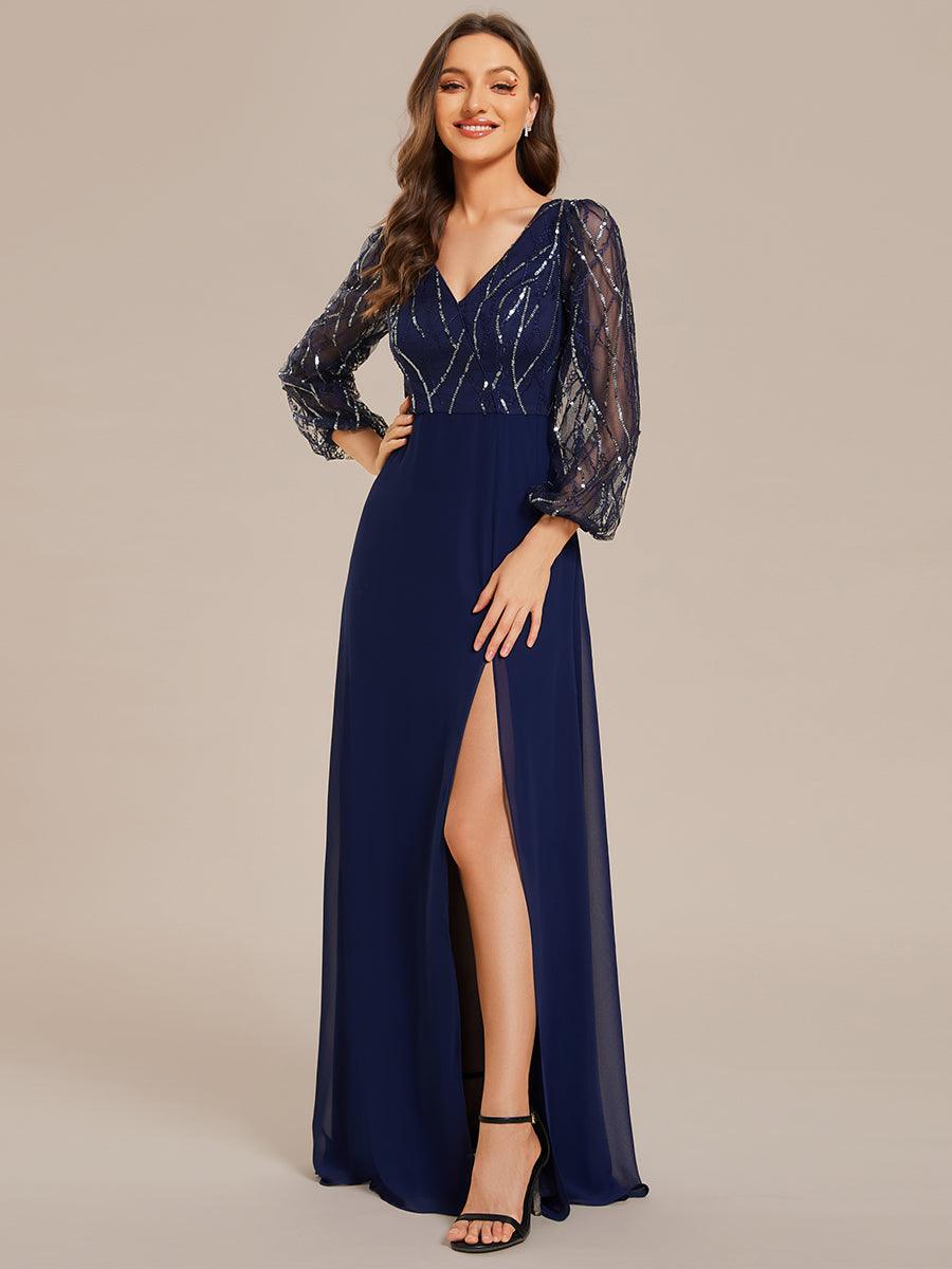 Robe de soirée trapèze en mousseline de soie transparente à paillettes manches longues fente haute #Couleur_Bleu Marine