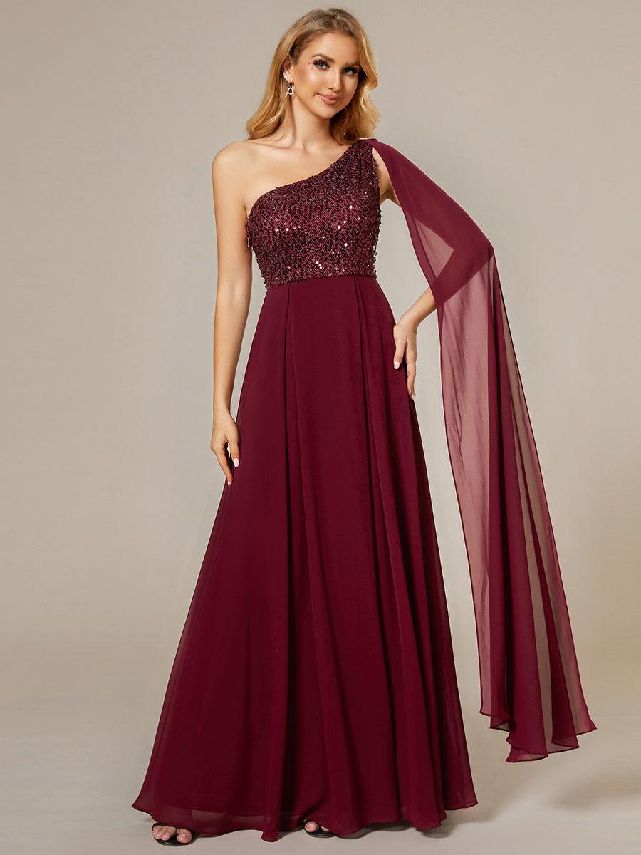 Robe de soirée trapèze en mousseline de soie sans manches corsage à paillettes brillantes asymétrique épaule dénudée #Couleur_Bordeaux