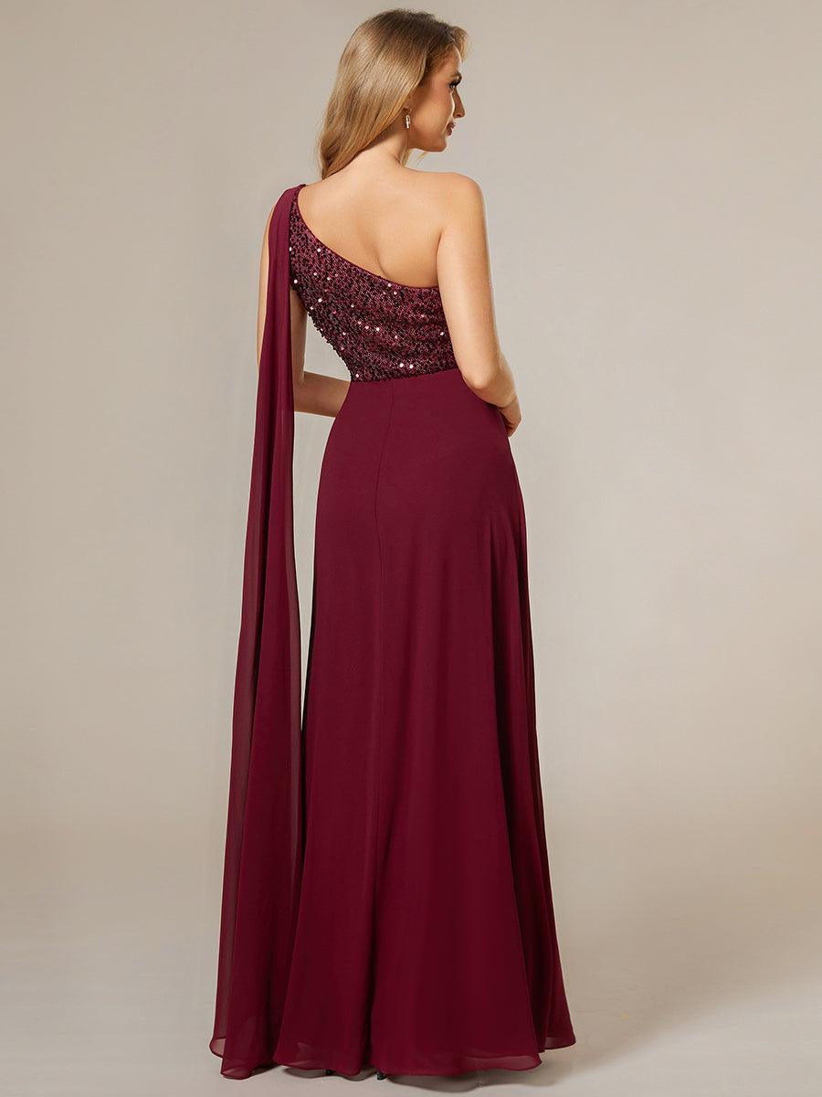 Robe de soirée trapèze en mousseline de soie sans manches corsage à paillettes brillantes asymétrique épaule dénudée #Couleur_Bordeaux