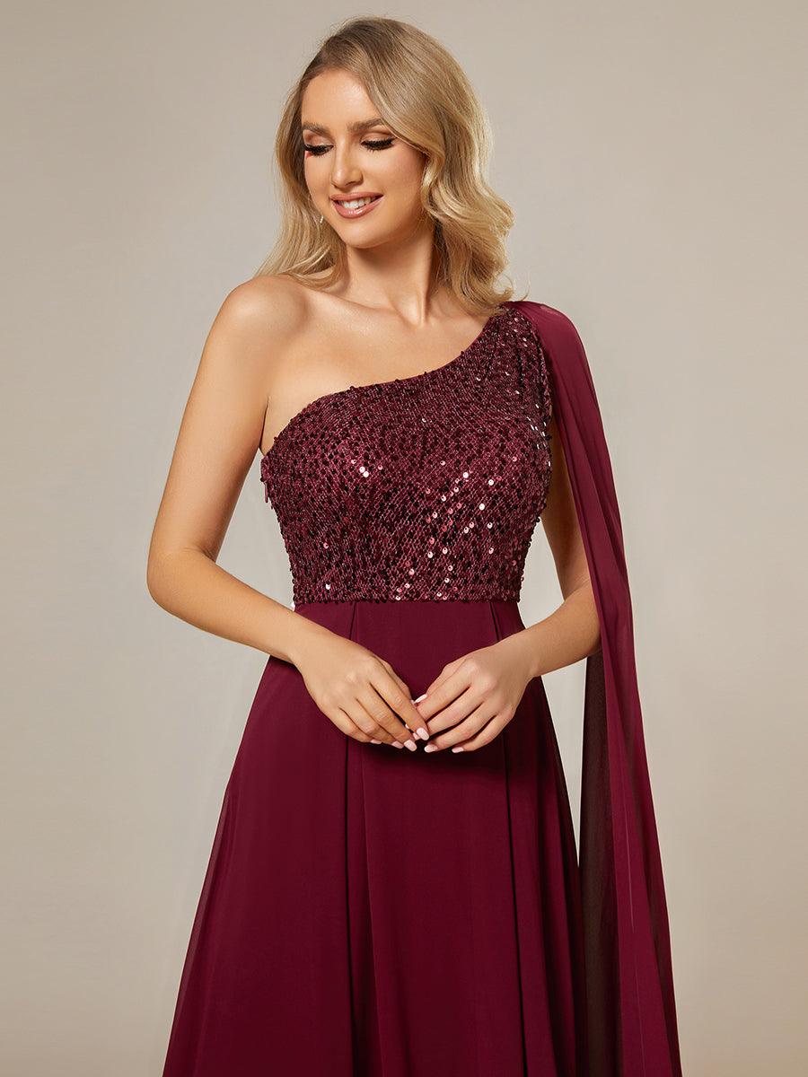 Robe de soirée trapèze en mousseline de soie sans manches corsage à paillettes brillantes asymétrique épaule dénudée #Couleur_Bordeaux