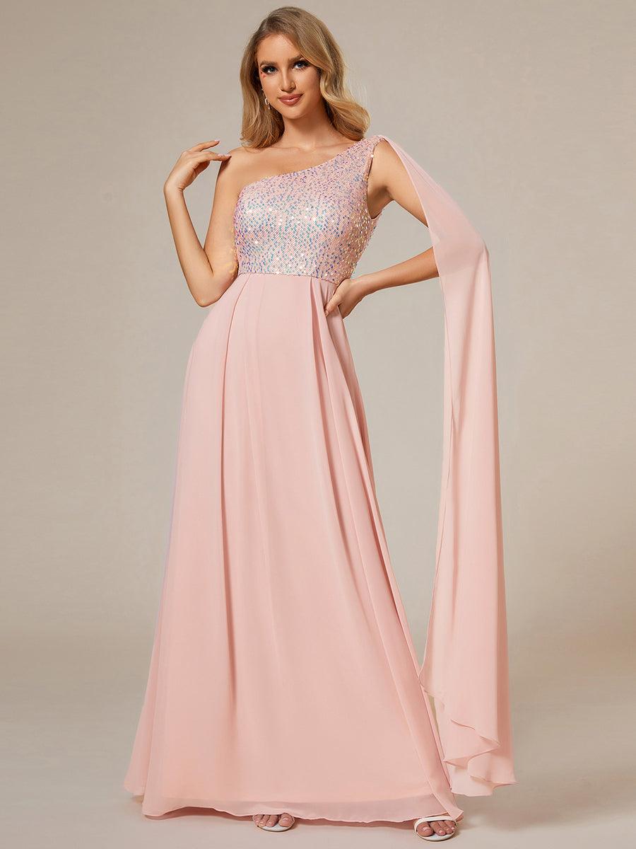 Robe de soirée trapèze en mousseline de soie sans manches corsage à paillettes brillantes asymétrique épaule dénudée #Couleur_Rose