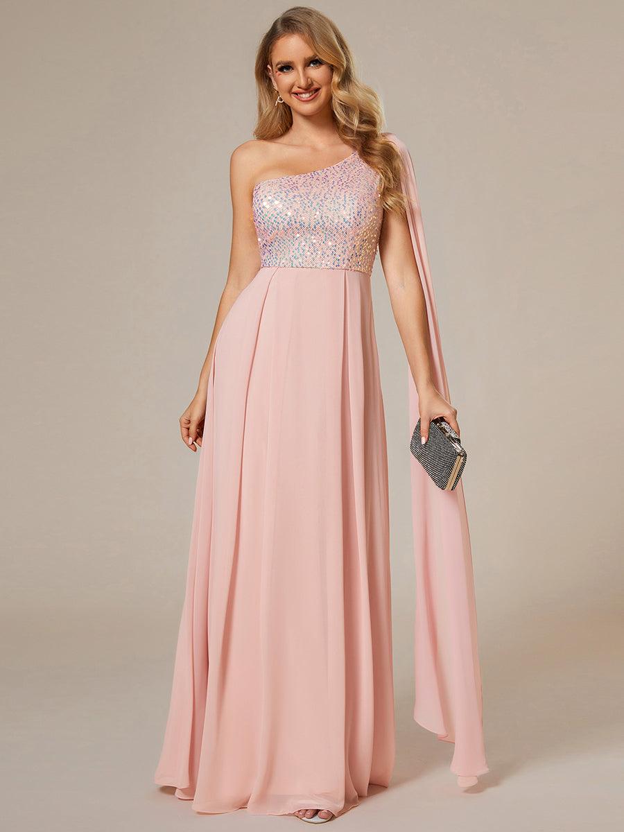 Robe de soirée trapèze en mousseline de soie sans manches corsage à paillettes brillantes asymétrique épaule dénudée #Couleur_Rose
