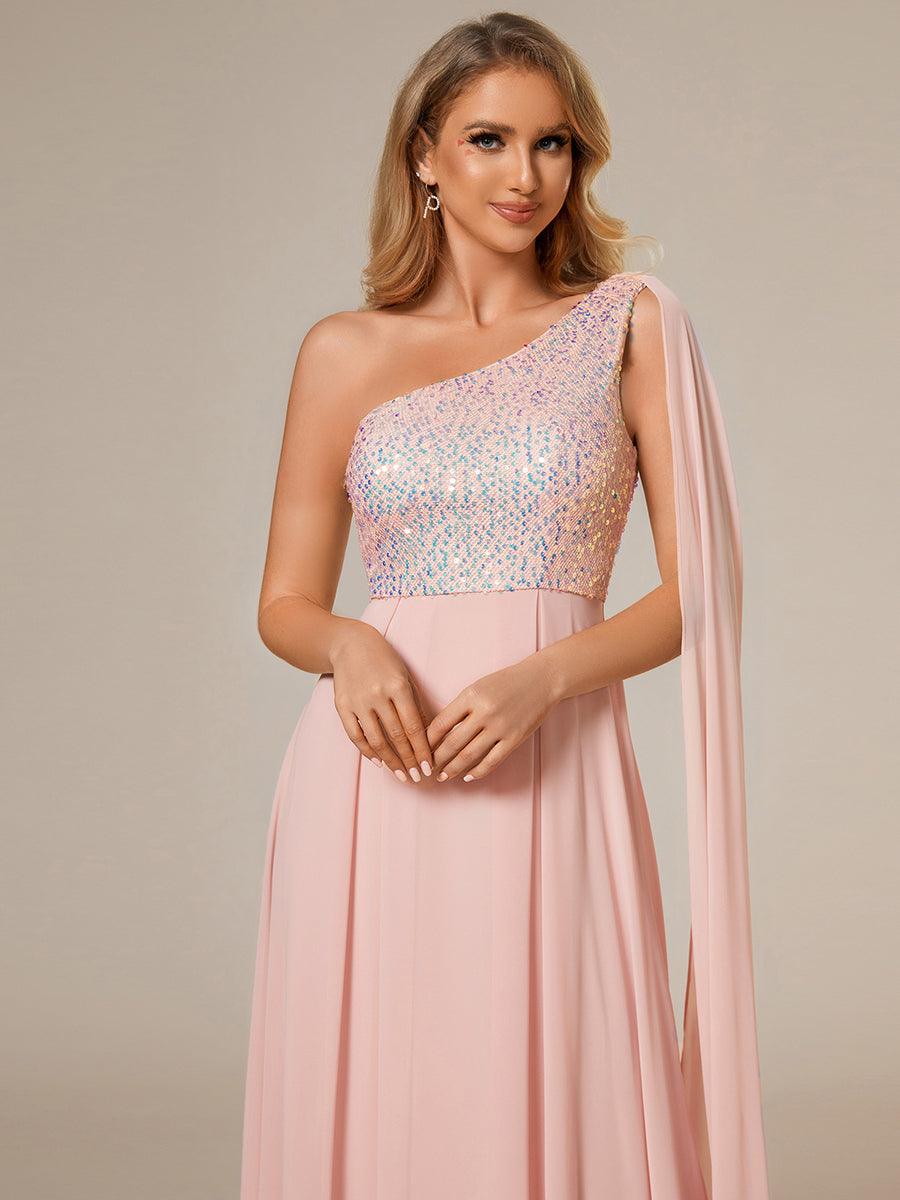 Robe de soirée trapèze en mousseline de soie sans manches corsage à paillettes brillantes asymétrique épaule dénudée #Couleur_Rose