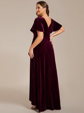 GRANDE TAILLE Robe de soirée en velours extensible à double col en V et manches courtes avec ourlet en feuille de lotus