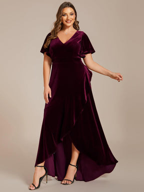 GRANDE TAILLE Robe de soirée en velours extensible à double col en V et manches courtes avec ourlet en feuille de lotus