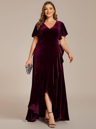 pretty SYLVA|GRANDE TAILLE Robe de soirée en velours extensible à double col en V et manches courtes avec ourlet en feuille de lotus