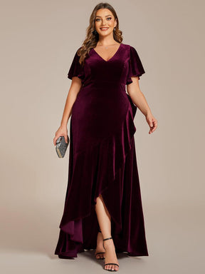 GRANDE TAILLE Robe de soirée en velours extensible à double col en V et manches courtes avec ourlet en feuille de lotus