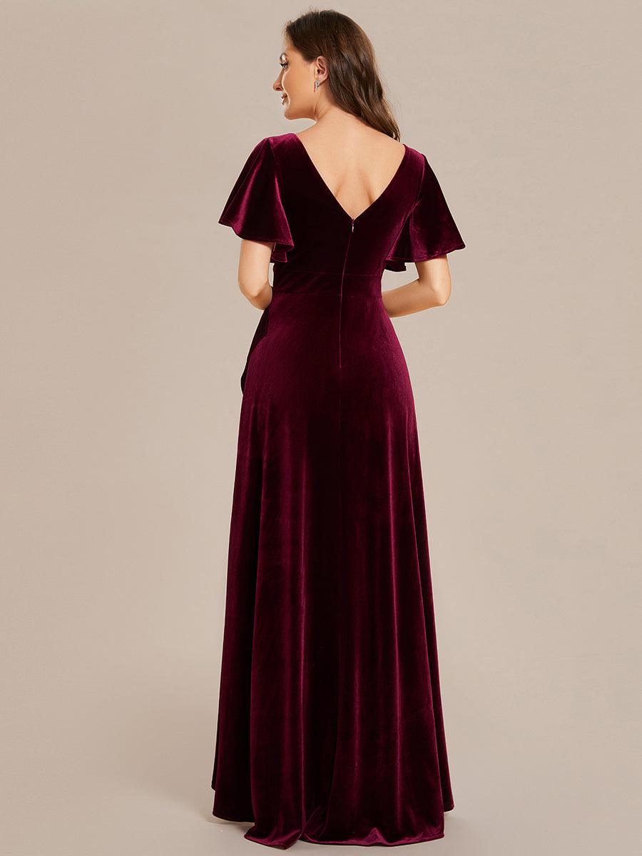 Robe de soirée en velours extensible à double col en V et manches courtes avec ourlet en feuille de lotus#Couleur_Bordeaux