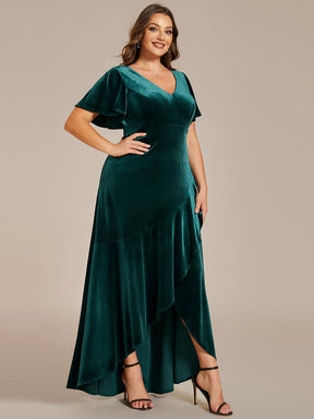 GRANDE TAILLE Robe de soirée en velours extensible à double col en V et manches courtes avec ourlet en feuille de lotus