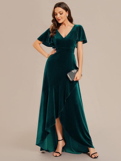ever SYLVA|Robe de soirée en velours extensible à double col en V et manches courtes avec ourlet en feuille de lotus