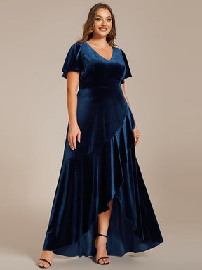 GRANDE TAILLE Robe de soirée en velours extensible à double col en V et manches courtes avec ourlet en feuille de lotus