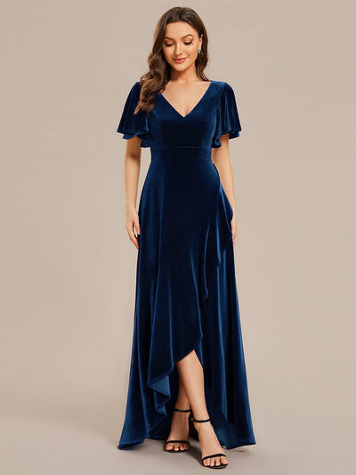 ever SYLVA|Robe de soirée en velours extensible à double col en V et manches courtes avec ourlet en feuille de lotus