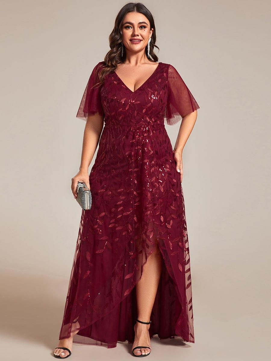 Robes de soirée pailletées à col en V et fente haute #Couleur_Bordeaux