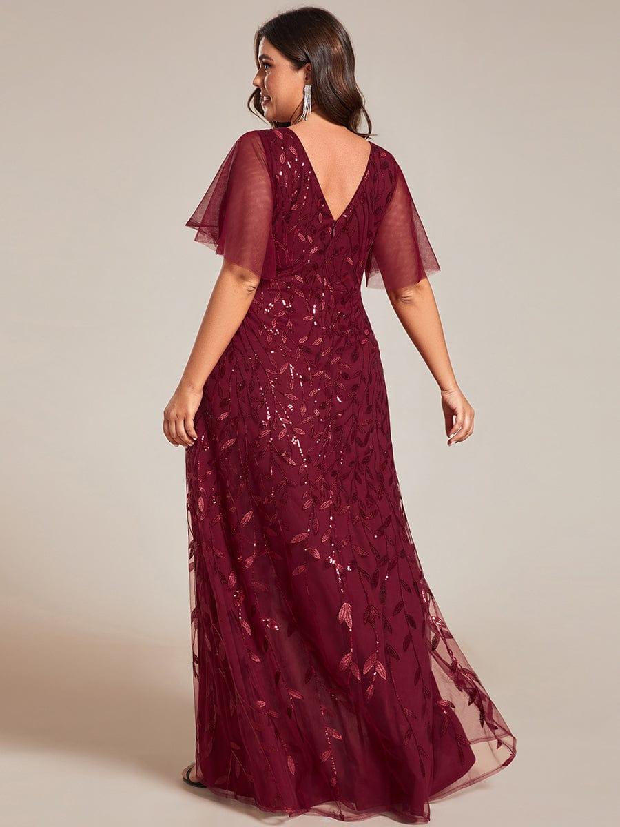 Robes de soirée pailletées à fente haute et col en V de grande taille #Couleur_Bordeaux