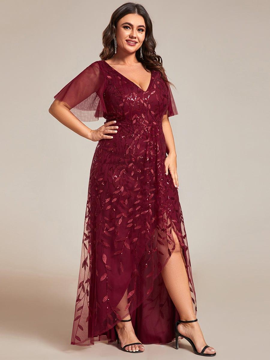 Robes de soirée pailletées à col en V et fente haute #Couleur_Bordeaux