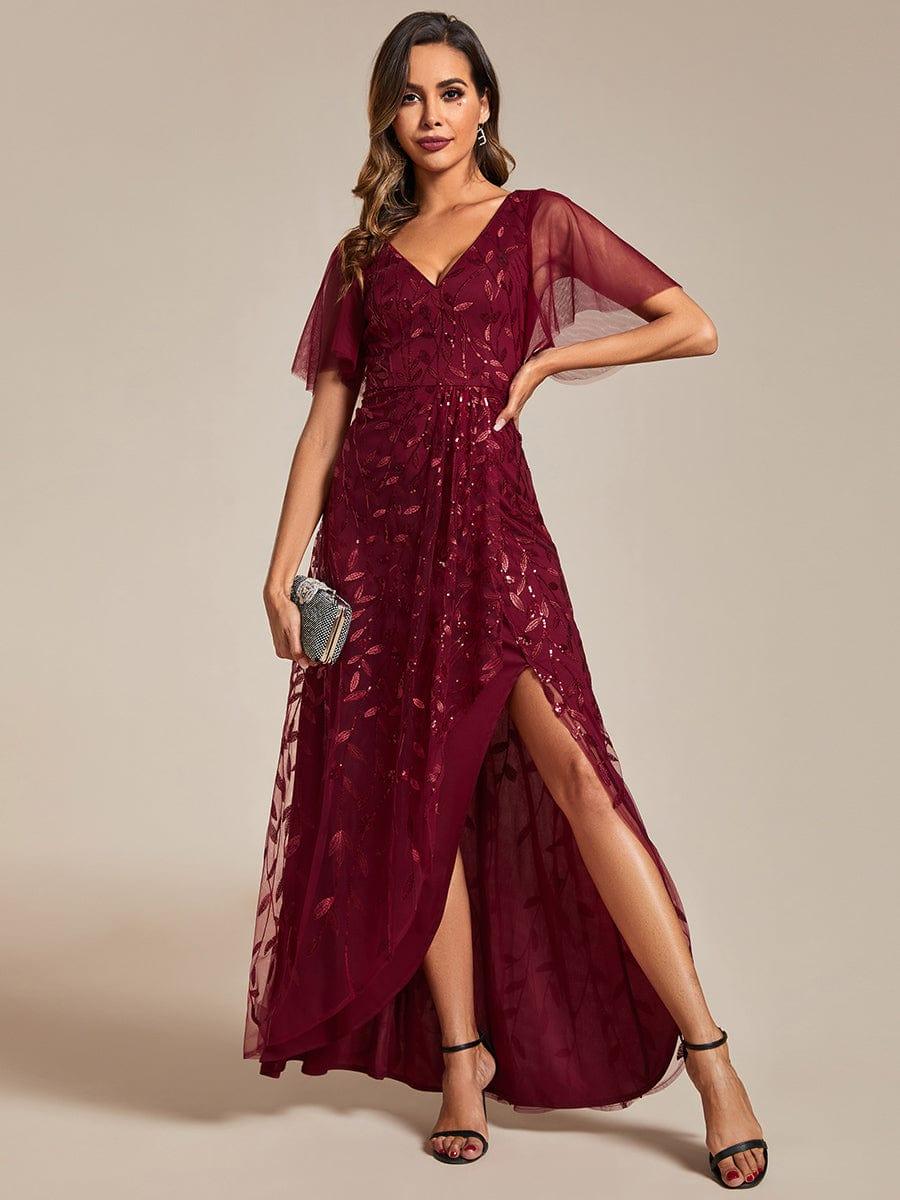Robes de soirée pailletées à col en V et fente haute #Couleur_Bordeaux