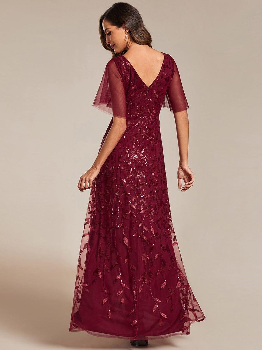 Robes de soirée pailletées à col en V et fente haute #Couleur_Bordeaux