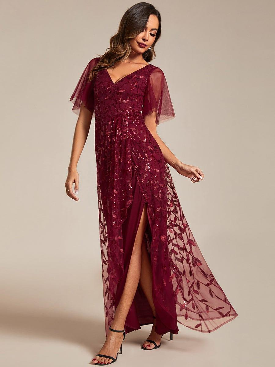 Robes de soirée pailletées à col en V et fente haute #Couleur_Bordeaux