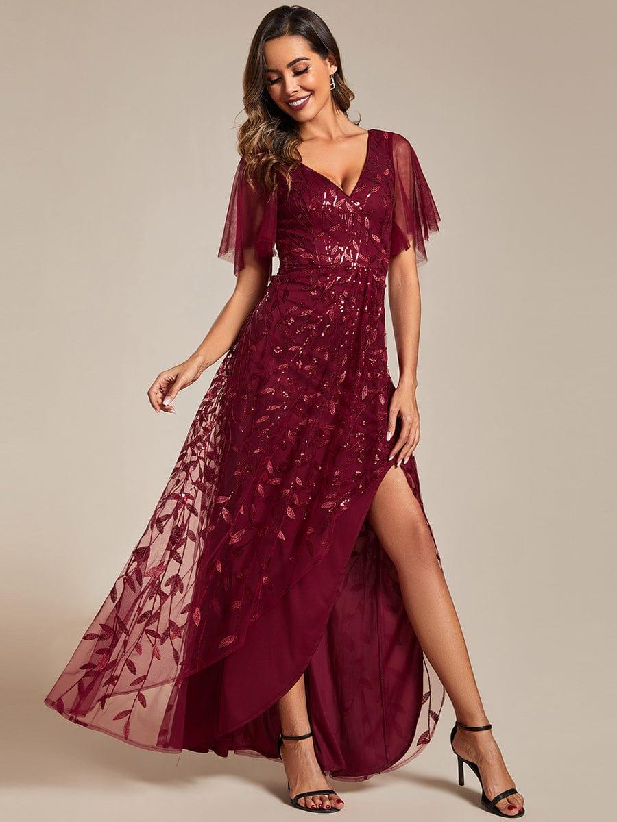 Robes de soirée pailletées à col en V et fente haute #Couleur_Bordeaux