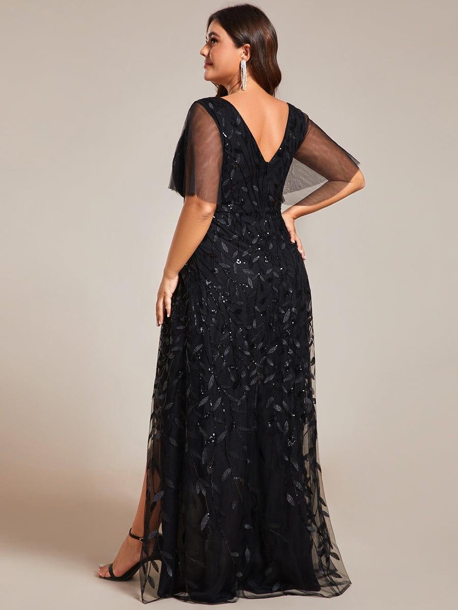 Robes de soirée pailletées à col en V et fente haute #Couleur_Noir