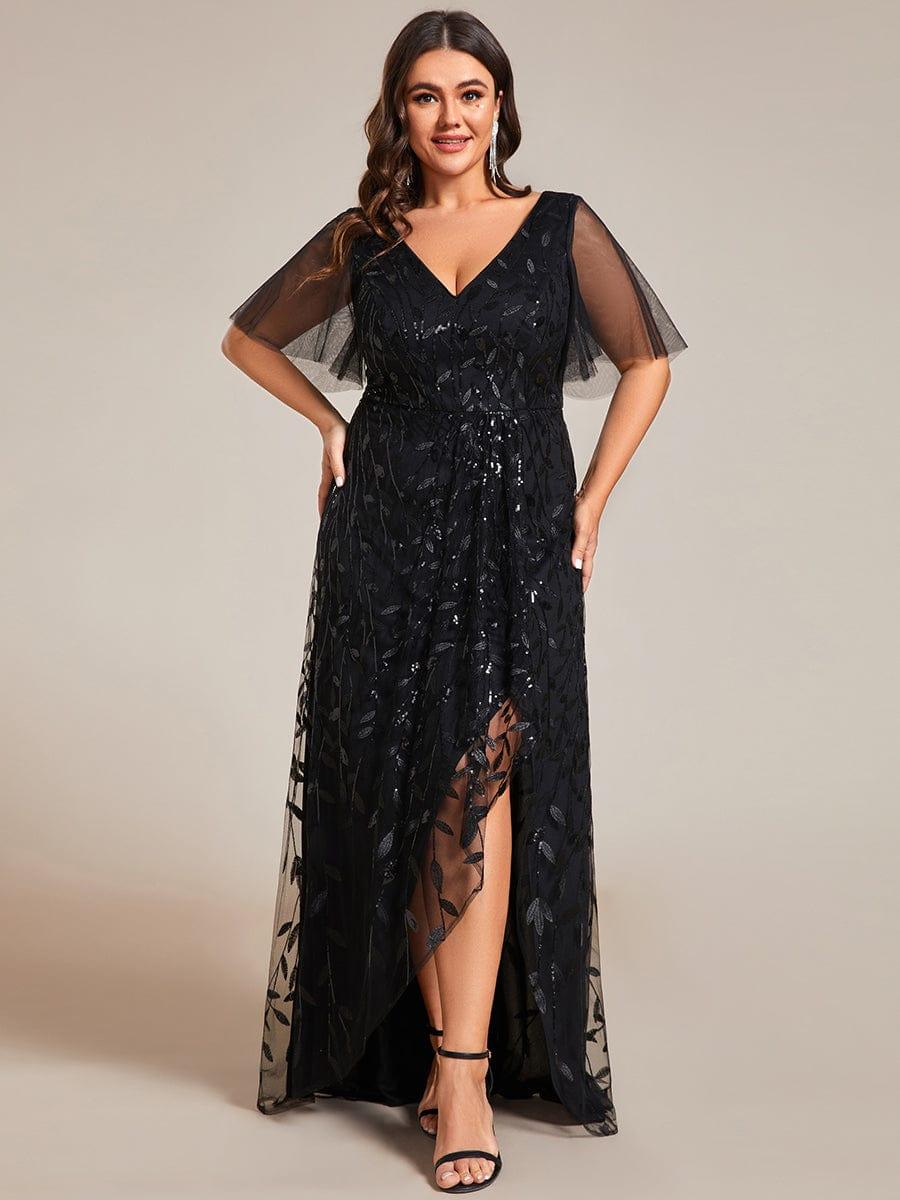 Robes de soirée pailletées à col en V et fente haute #Couleur_Noir