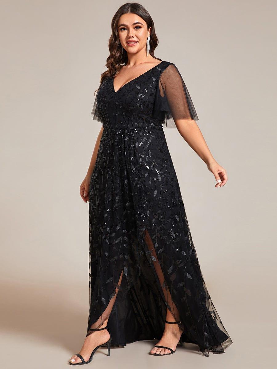 Robes de soirée pailletées à col en V et fente haute #Couleur_Noir