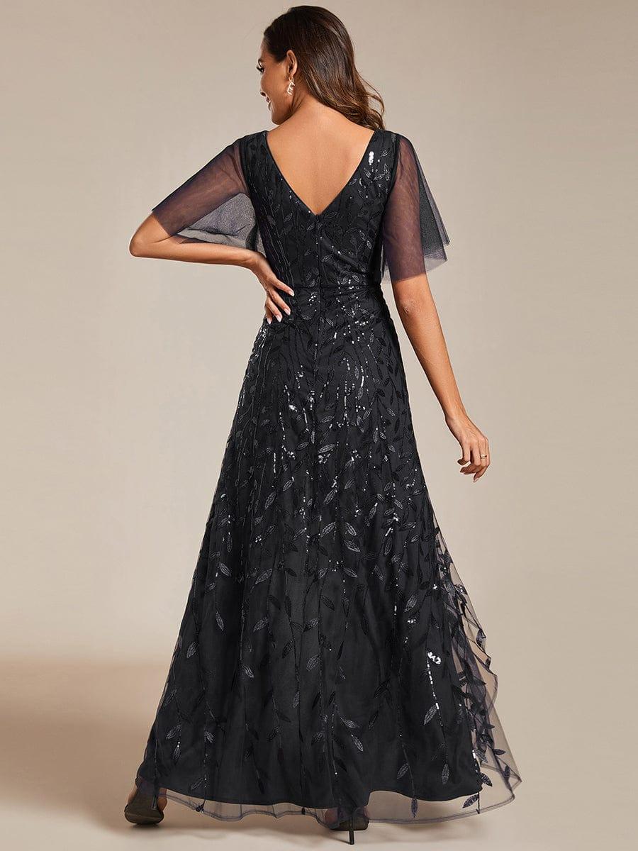 Robes de soirée pailletées à col en V et fente haute #Couleur_Noir