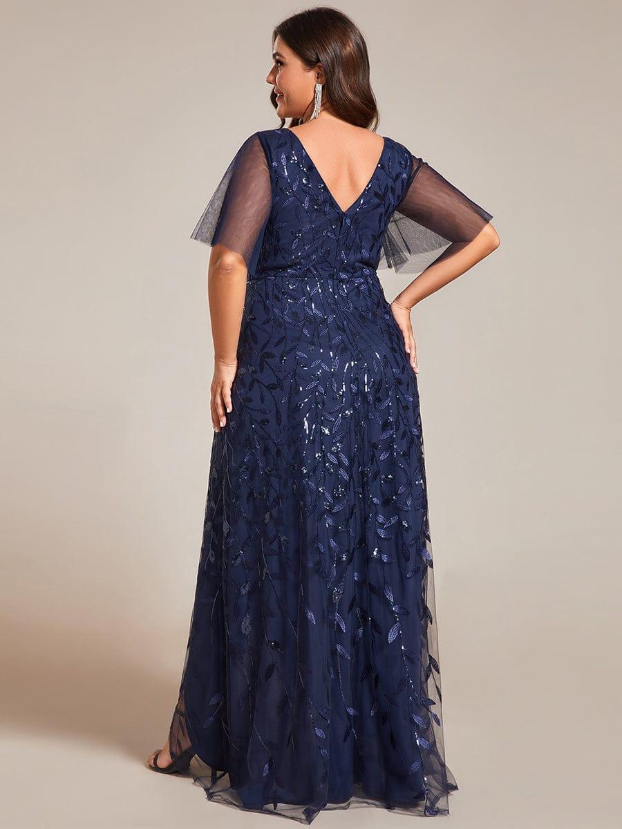 Robes de soirée pailletées à col en V et fente haute #Couleur_Bleu Marine