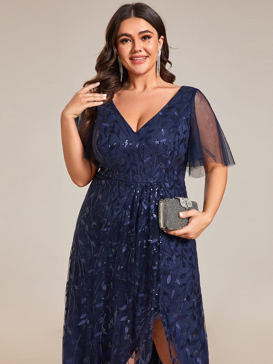 Robes de soirée pailletées à col en V et fente haute #Couleur_Bleu Marine