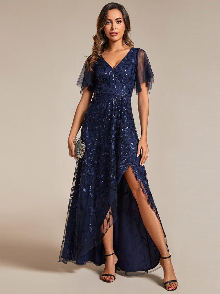Robes de soirée pailletées à col en V et fente haute #Couleur_Bleu Marine
