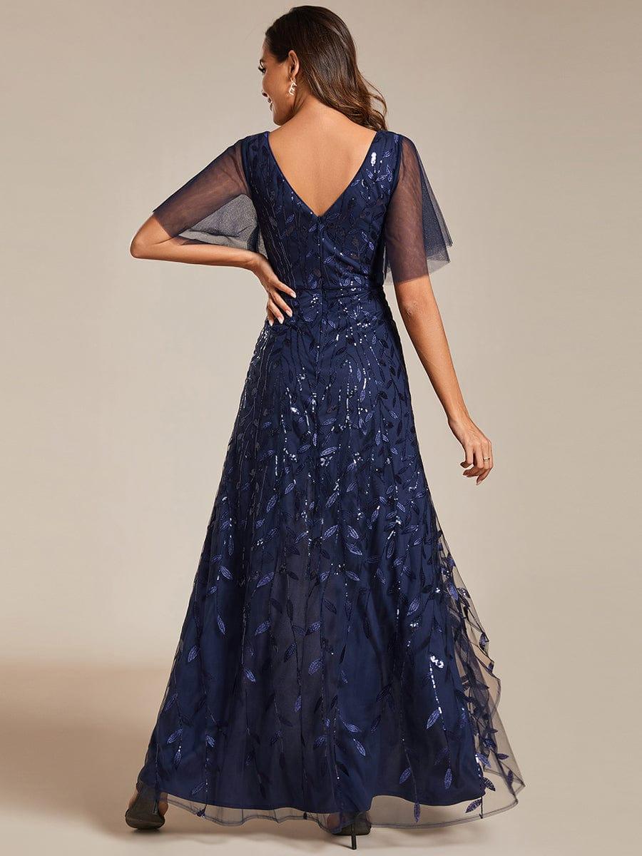 Robes de soirée pailletées à col en V et fente haute #Couleur_Bleu Marine