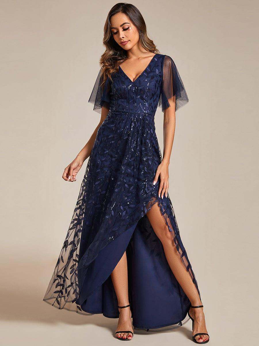 Robes de soirée pailletées à col en V et fente haute #Couleur_Bleu Marine