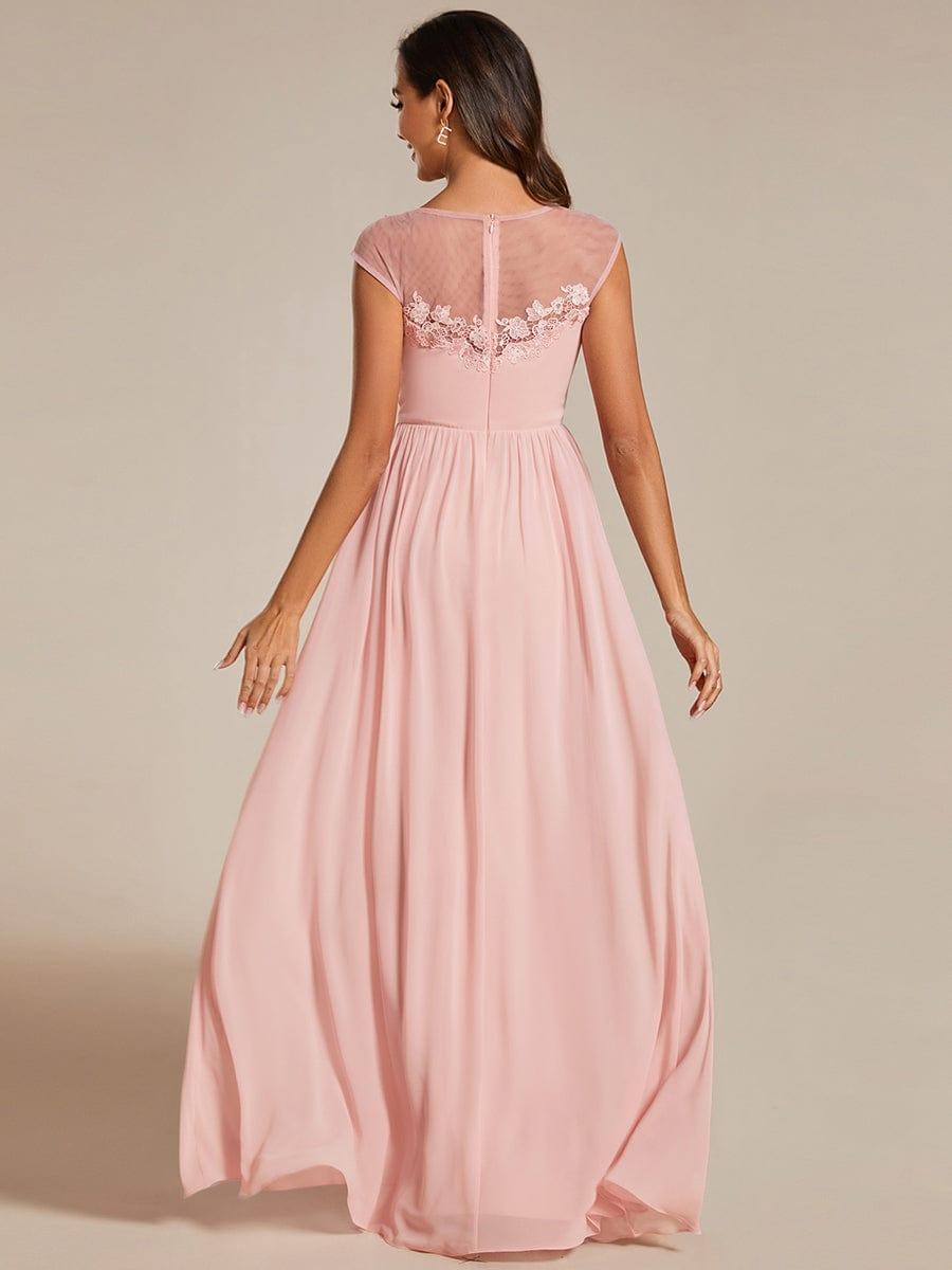 Robe de soirée trapèze à manches courtes et col rond en mousseline de soie avec imprimé sur les épaules #Couleur_Rose