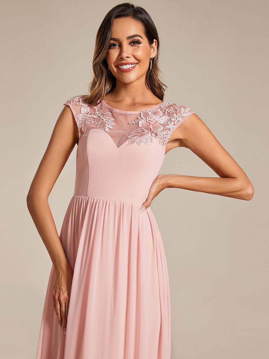 Robe de soirée trapèze à manches courtes et col rond en mousseline de soie avec imprimé sur les épaules #Couleur_Rose
