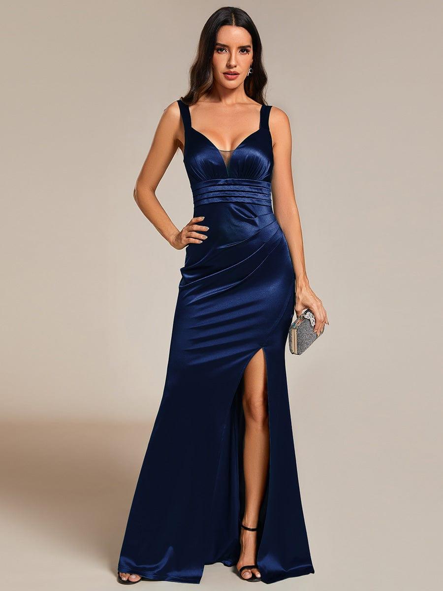 Robe de soirée plissée en satin à fente haute et col en V à bretelles spaghetti #Couleur_Bleu Marine