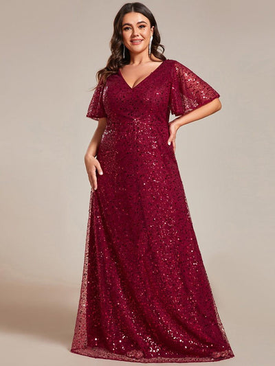 pretty ARIA|Robes de soirée trapèze pailletées à col en V de grande taille avec manches à volants