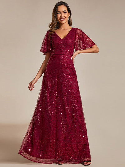 ever ARIA|Robes de soirée trapèze pailletées à col en V avec manches à volants