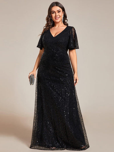 pretty ARIA|Robes de soirée trapèze pailletées à col en V de grande taille avec manches à volants