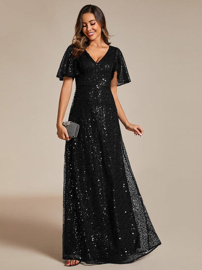 ever ARIA|Robes de soirée trapèze pailletées à col en V avec manches à volants