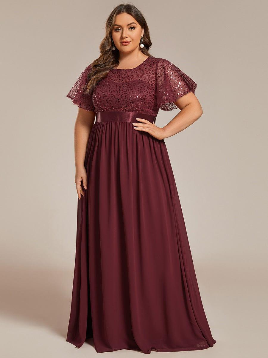 Robe de soirée à manches courtes et col rond à sequins taille haute #Couleur_Bordeaux