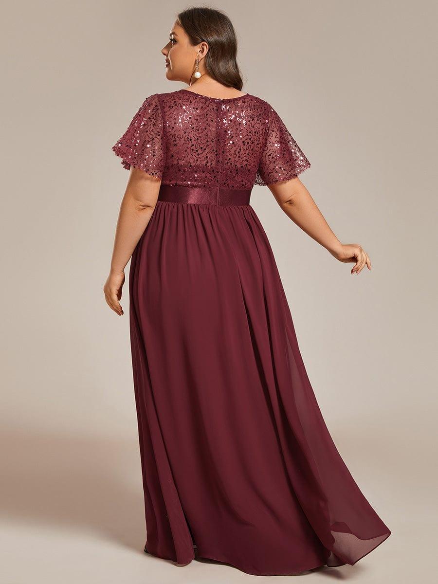 Robe de soirée à manches courtes et col rond à sequins taille haute #Couleur_Bordeaux
