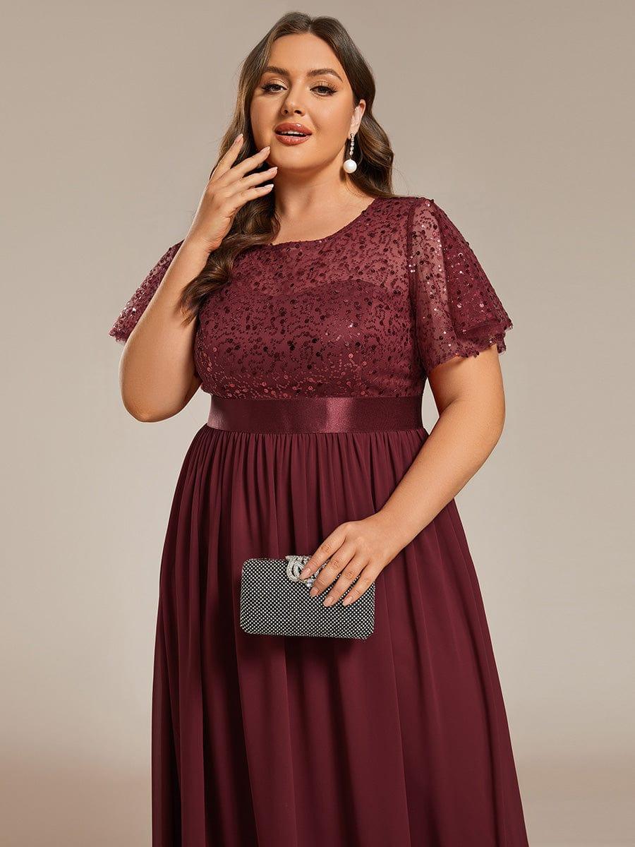 Robe de soirée à manches courtes et col rond à sequins taille haute #Couleur_Bordeaux